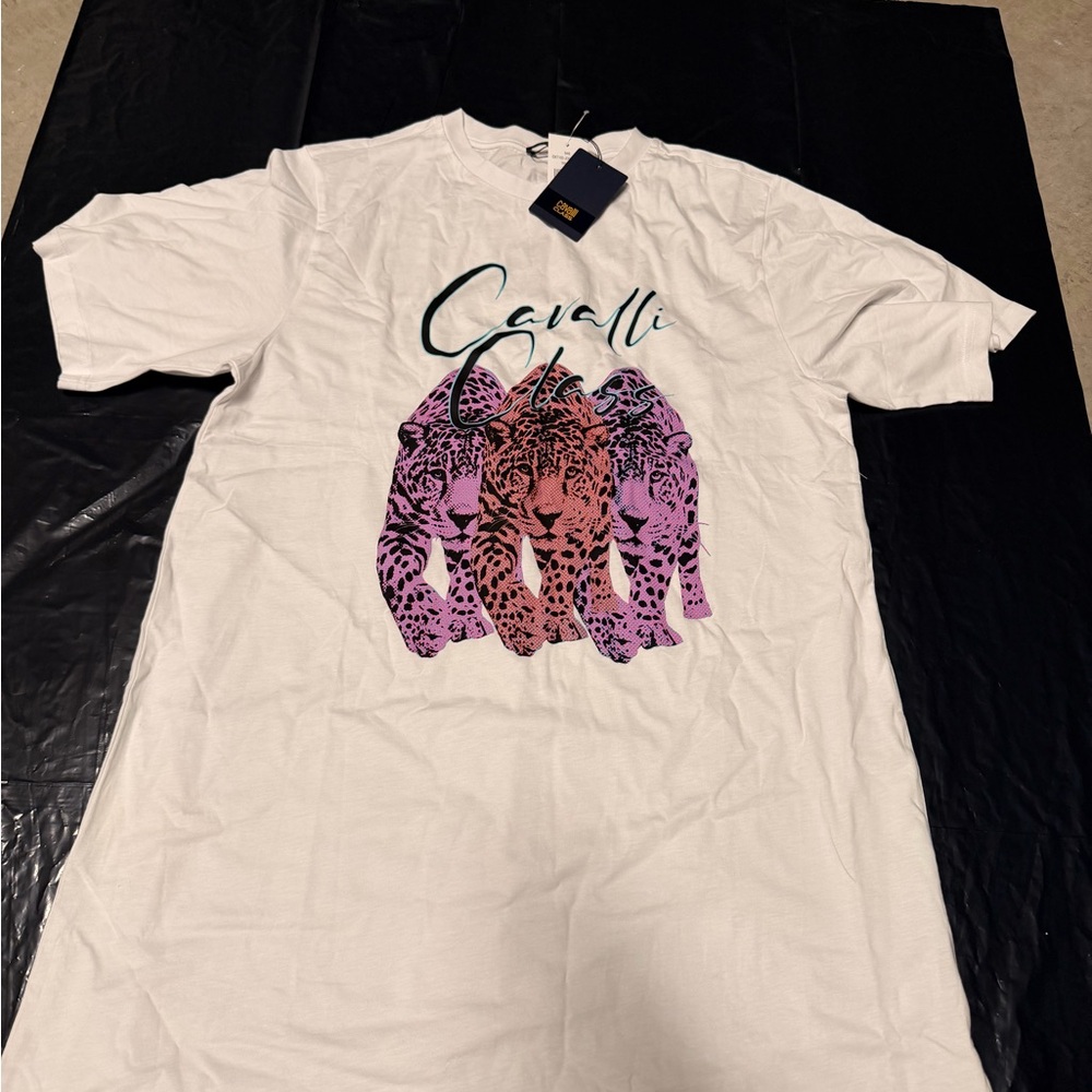 Cavalli White T-Shirt with Leopard Print